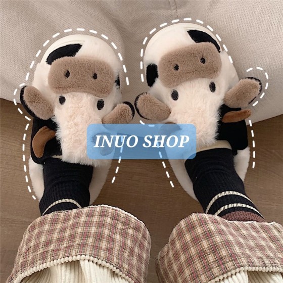 Pantuflas con dibujos animados de vaca,Pantufla de felpa calida de invierno